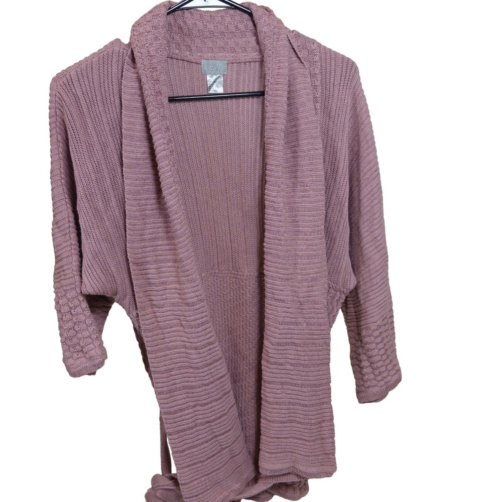 H&M Cardigan Sweater Large Womens Batwing Belted Ribbed Knit Mauve Pink